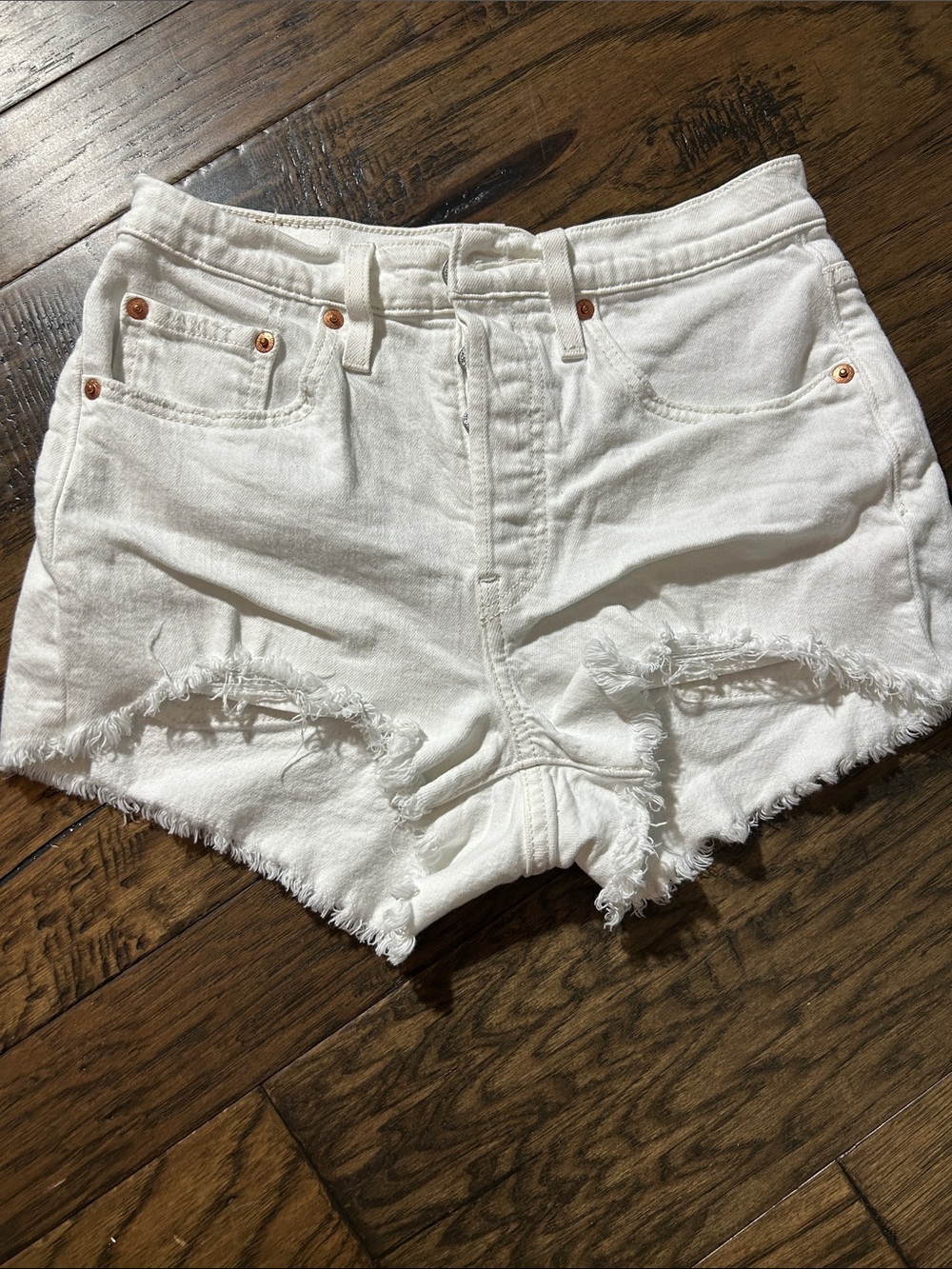 Levi's White High-Rise Frayed Denim Shorts